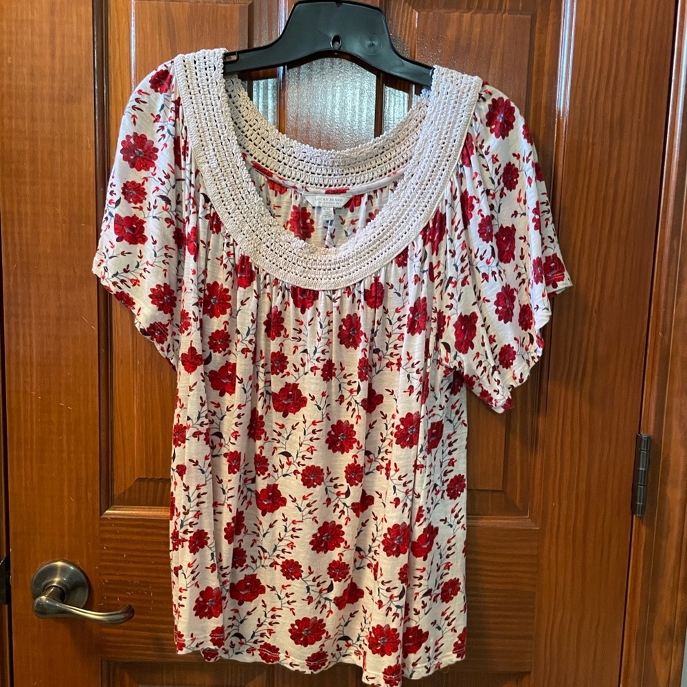 Lucky Brand White and Red Embellished Blouse